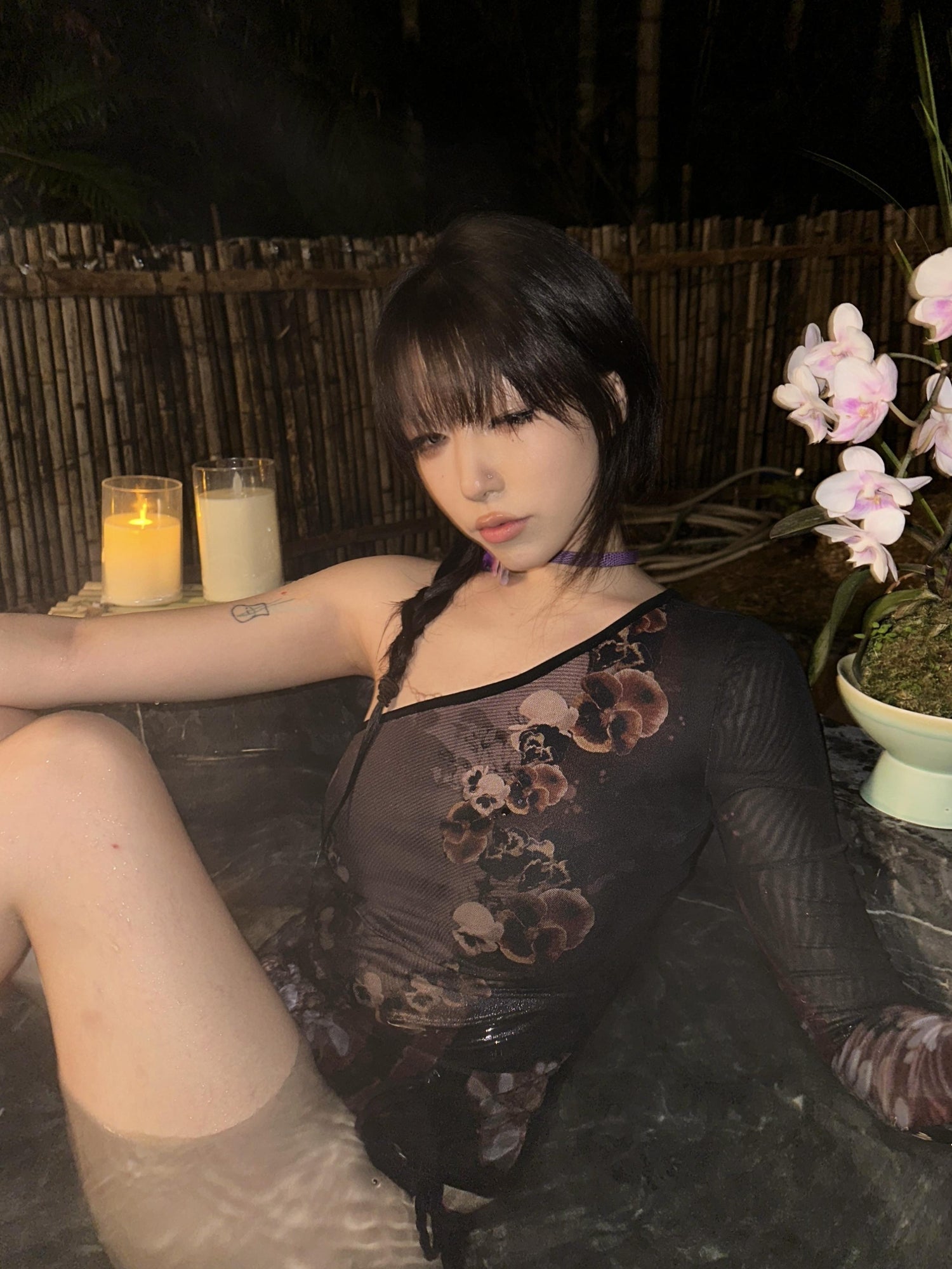 Flowers birds Market Cropped Mesh Knit Top Asymmetric Shoulder Print Design