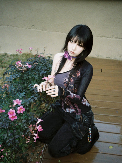 Flowers birds Market Cropped Mesh Knit Top Asymmetric Shoulder Print Design