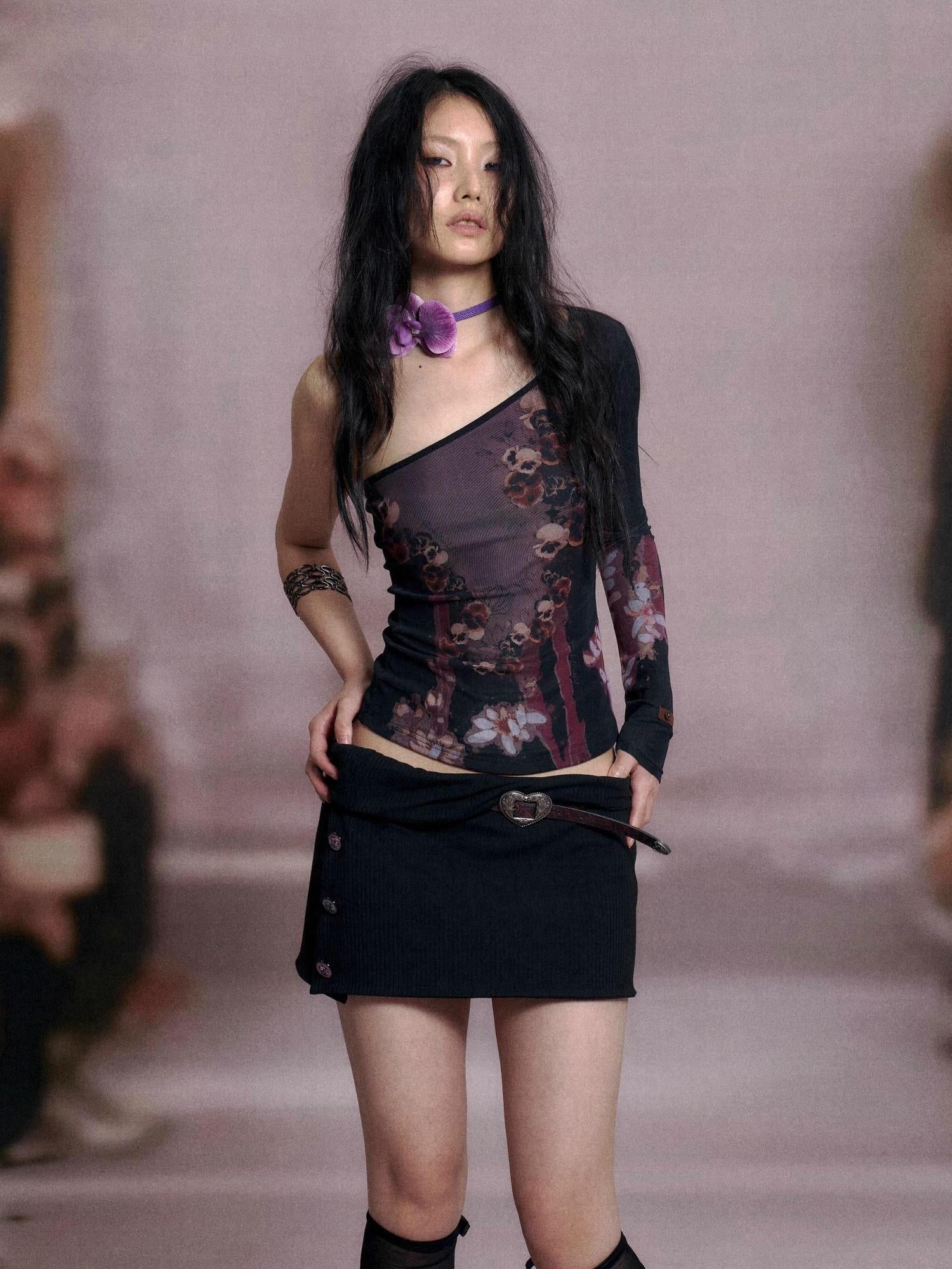 Flowers birds Market Cropped Mesh Knit Top Asymmetric Shoulder Print Design