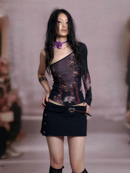 Flowers birds Market Cropped Mesh Knit Top Asymmetric Shoulder Print Design