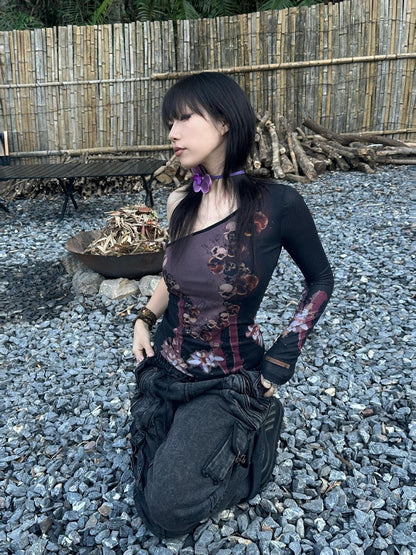 Flowers birds Market Cropped Mesh Knit Top Asymmetric Shoulder Print Design