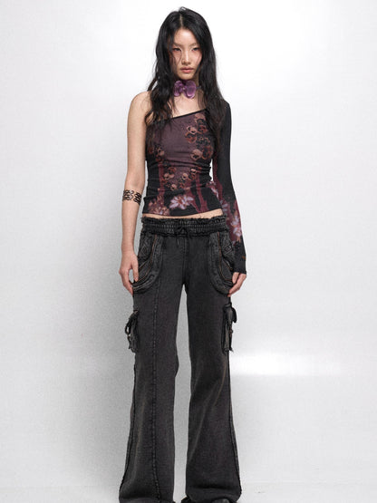 Cropped Mesh Knit Top Asymmetric Shoulder Print Design