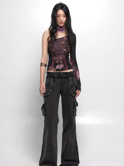 Cropped Mesh Knit Top Asymmetric Shoulder Print Design