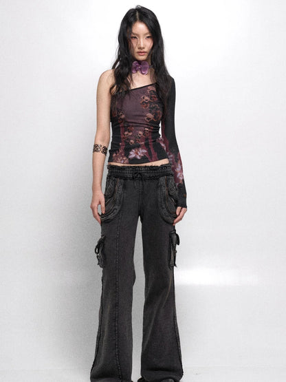 Cropped Mesh Knit Top Asymmetric Shoulder Print Design