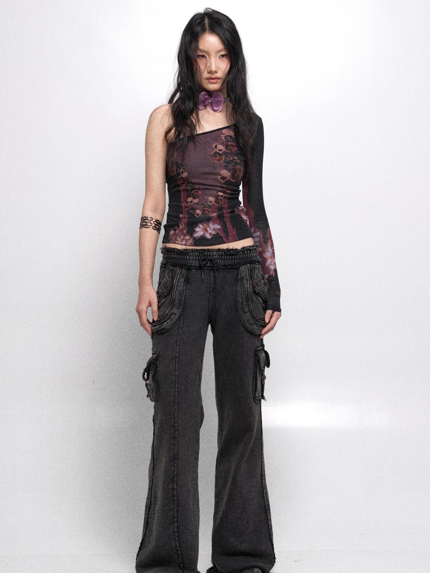 Flowers birds Market Cropped Mesh Knit Top Asymmetric Shoulder Print Design