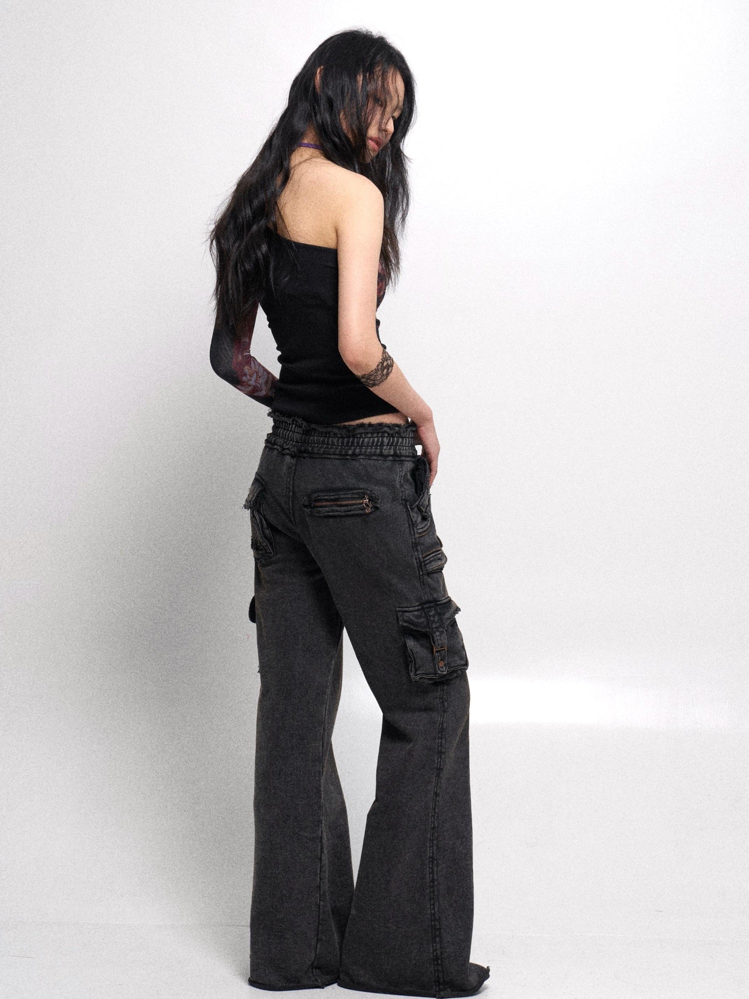 Flowers birds Market Cropped Mesh Knit Top Asymmetric Shoulder Print Design