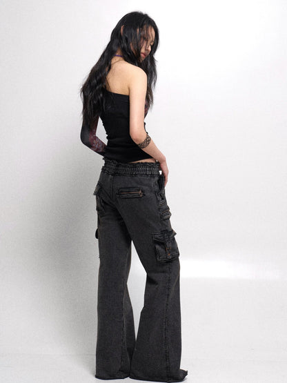 Flowers birds Market Cropped Mesh Knit Top Asymmetric Shoulder Print Design