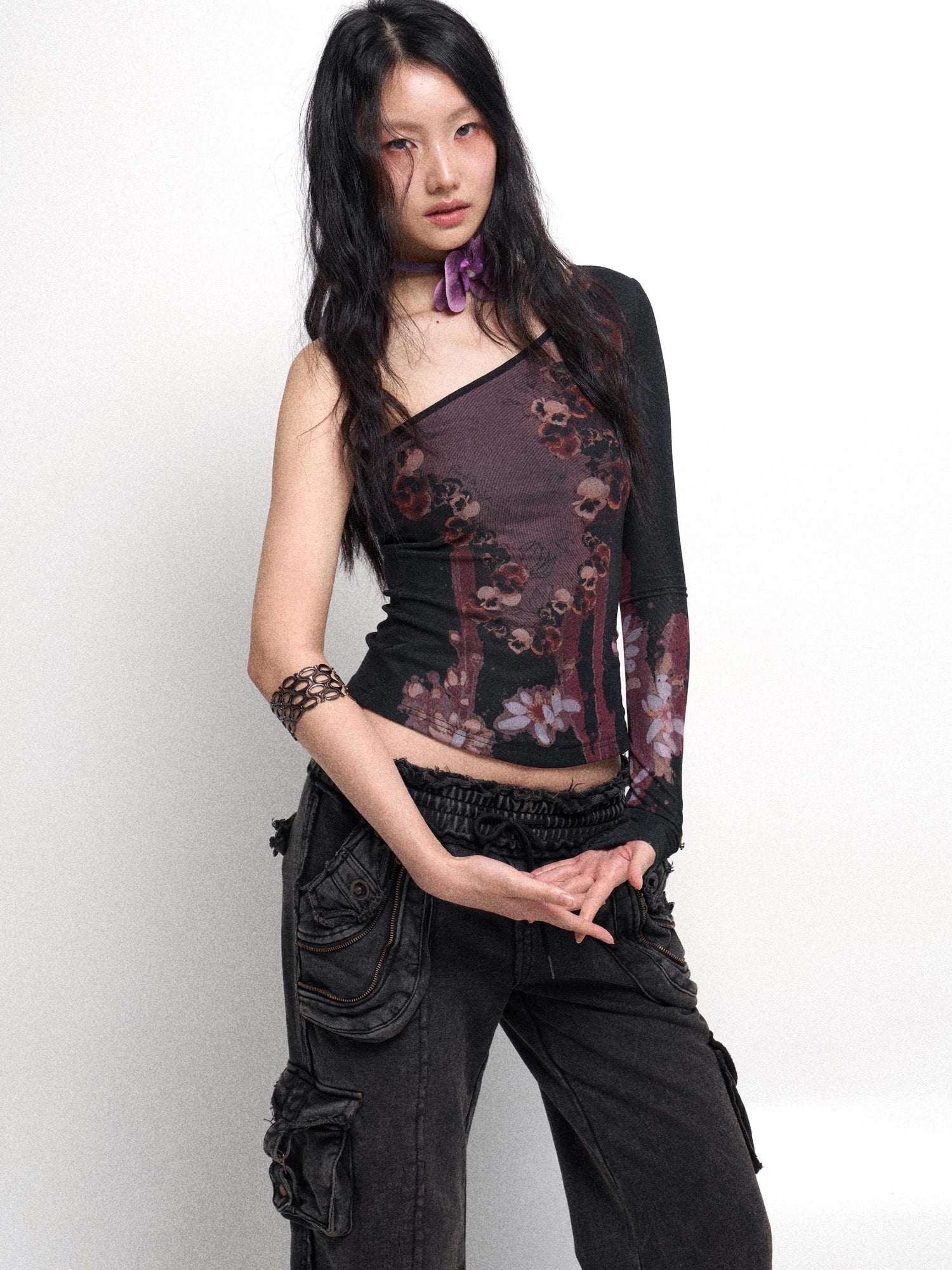 Flowers birds Market Cropped Mesh Knit Top Asymmetric Shoulder Print Design