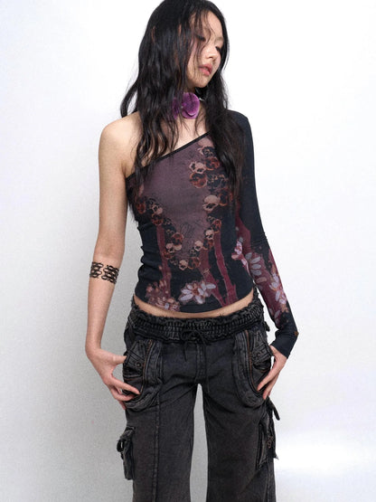 Cropped Mesh Knit Top Asymmetric Shoulder Print Design