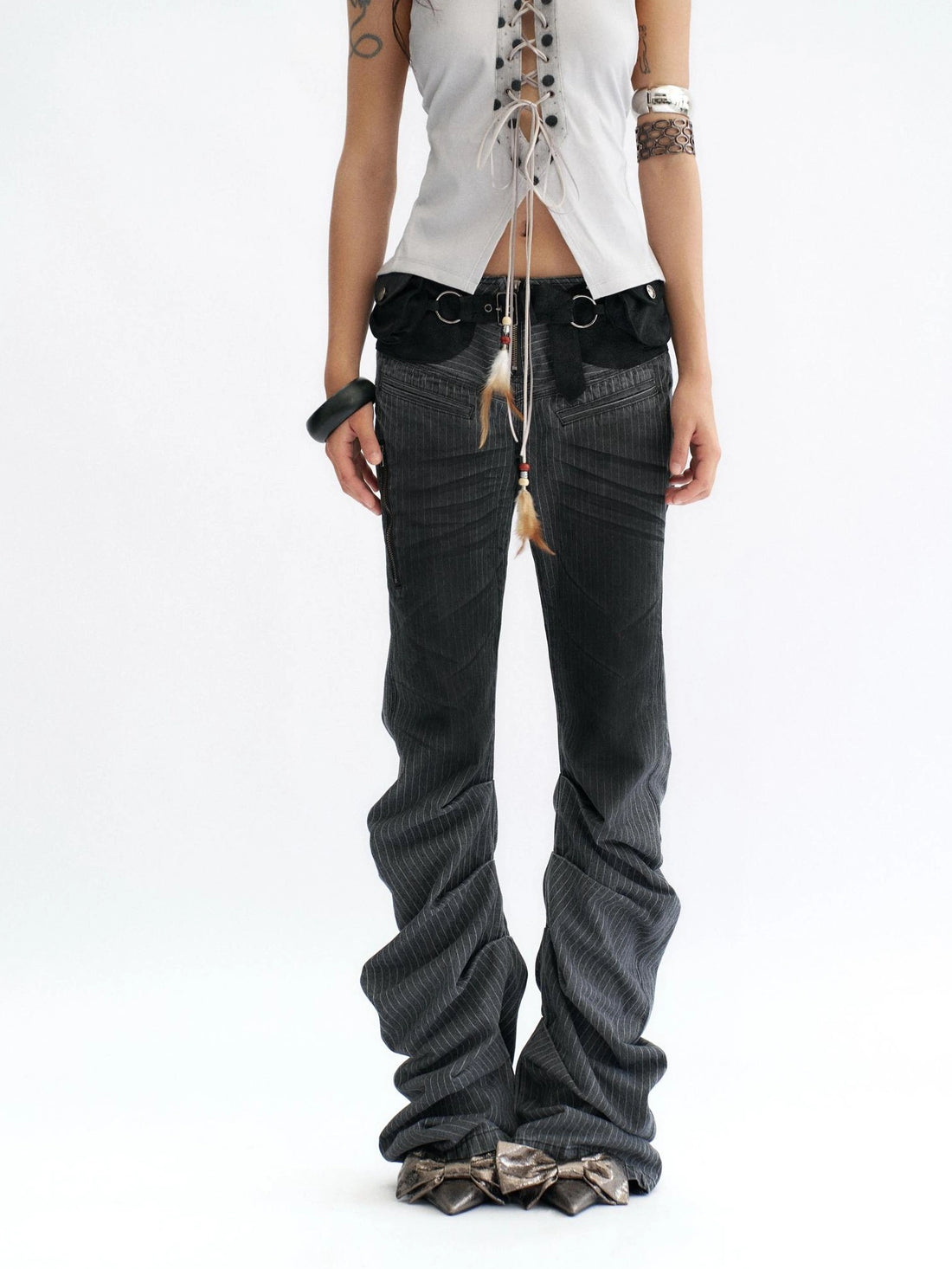 Flowers birds Market Dark Gray Striped Low Rise Flare Regular Fit Slight Stretch Cotton Women Jeans