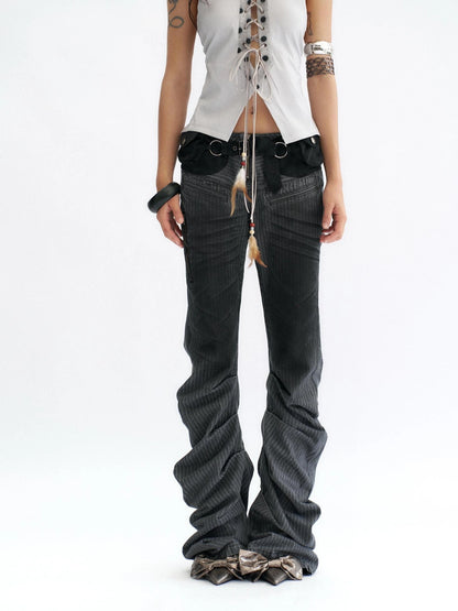 Flowers birds Market Dark Gray Striped Low Rise Flare Regular Fit Slight Stretch Cotton Women Jeans