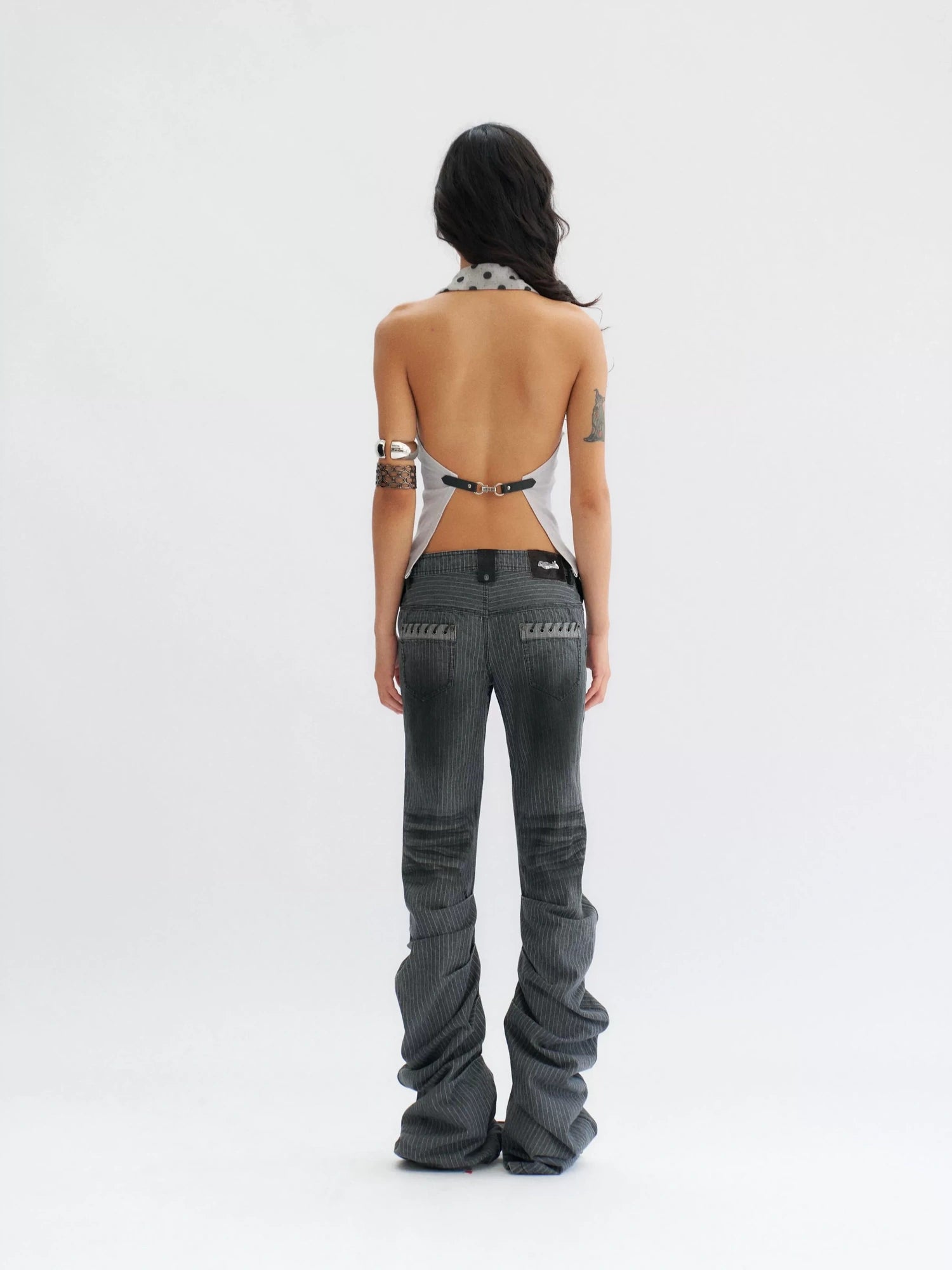 Flowers birds Market Dark Gray Striped Low Rise Flare Regular Fit Slight Stretch Cotton Women Jeans