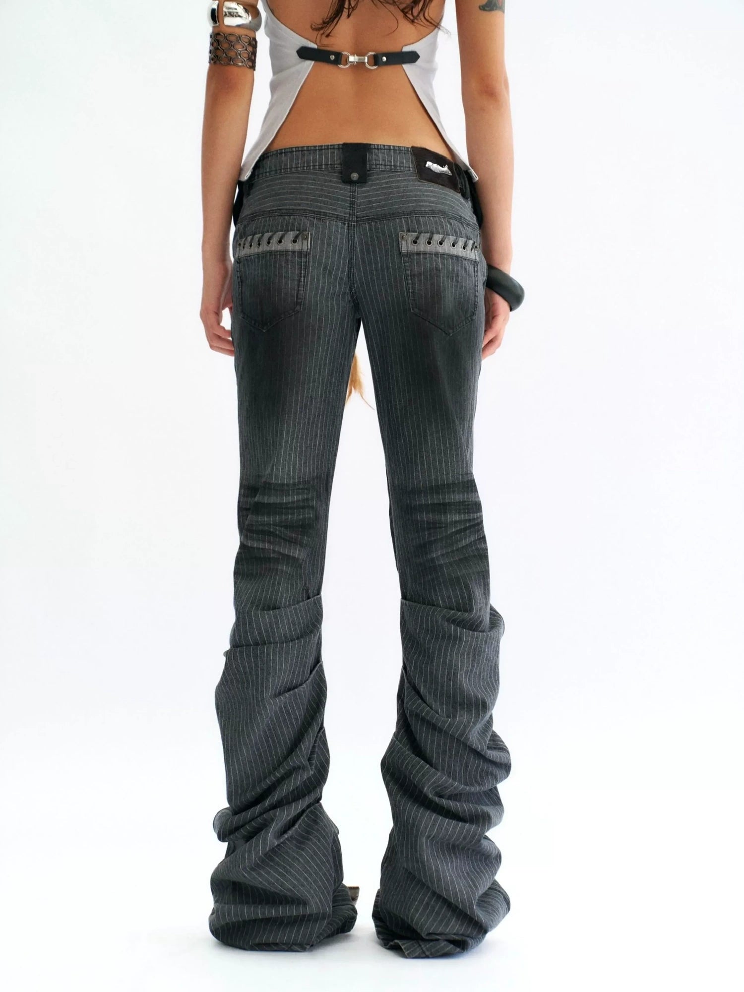 Flowers birds Market Dark Gray Striped Low Rise Flare Regular Fit Slight Stretch Cotton Women Jeans