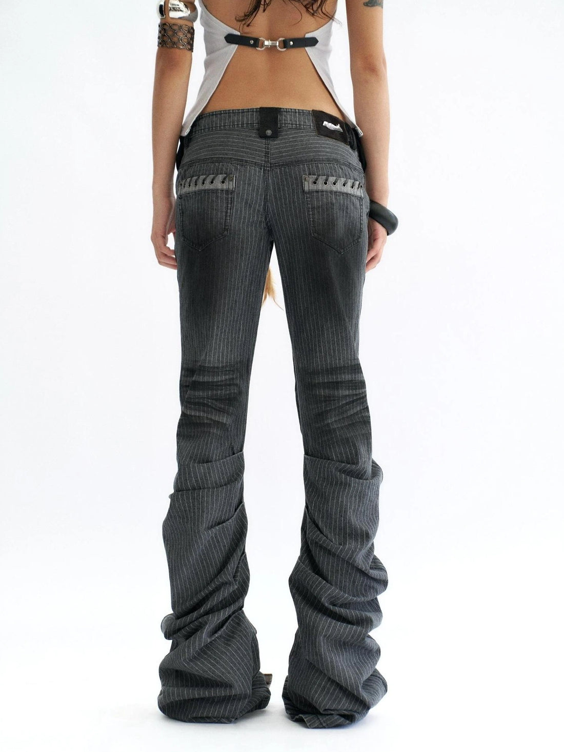 Flowers birds Market Dark Gray Striped Low Rise Flare Regular Fit Slight Stretch Cotton Women Jeans