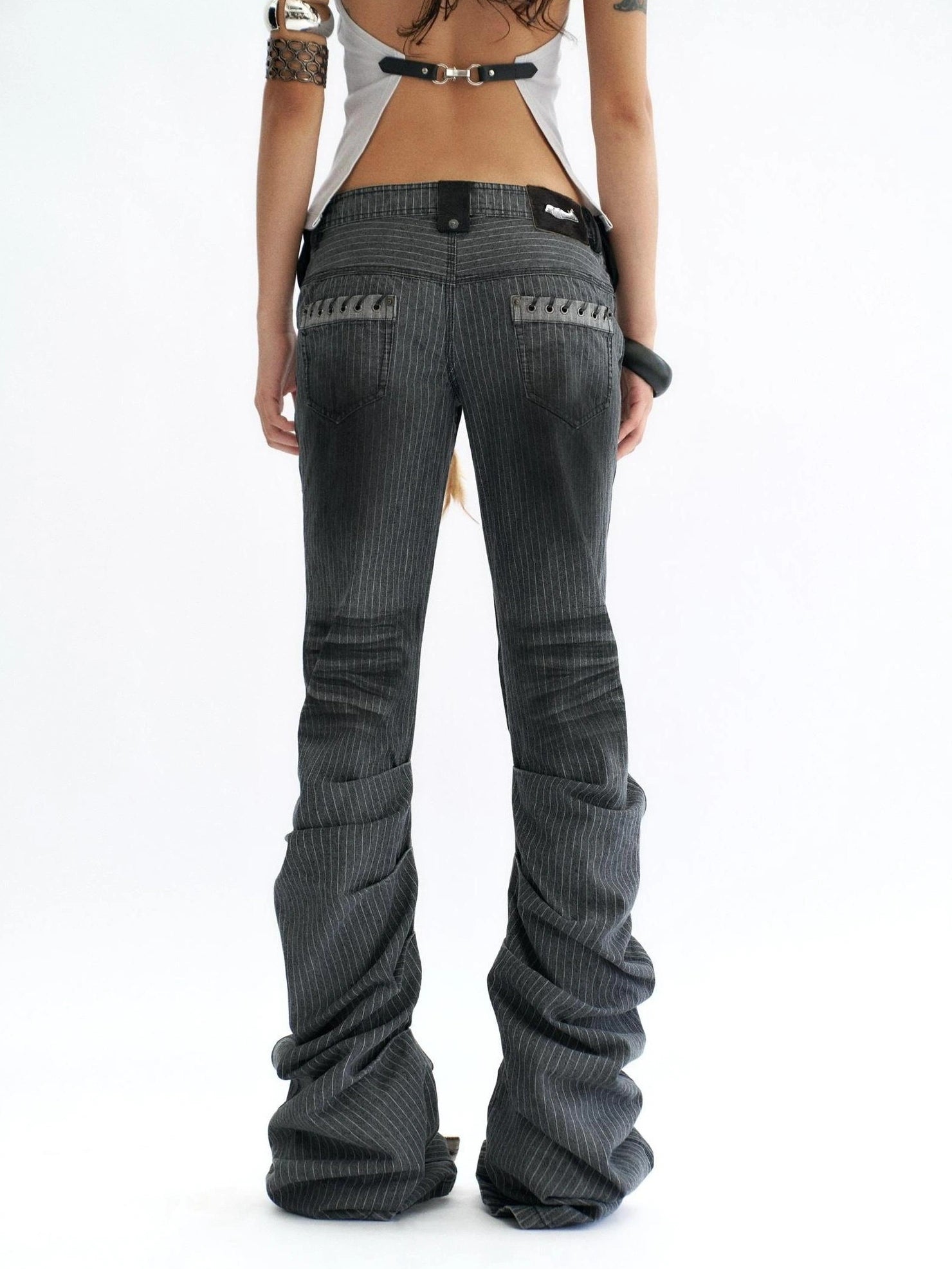 Flowers birds Market Dark Gray Striped Low Rise Flare Regular Fit Slight Stretch Cotton Women Jeans