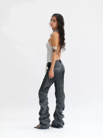 Flowers birds Market Dark Gray Striped Low Rise Flare Regular Fit Slight Stretch Cotton Women Jeans