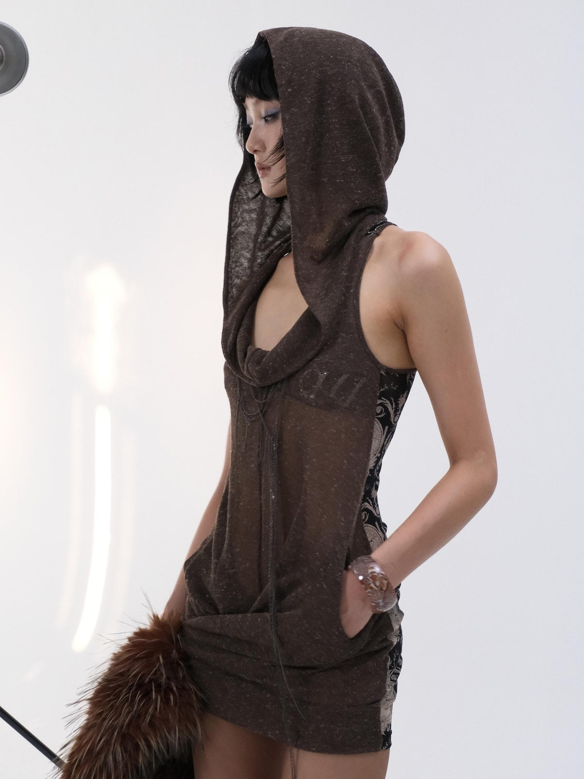 Flowers birds Market Deconstructed Knit Spliced Print Sheer Hooded Women&