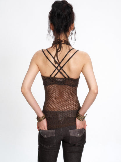 Flowers birds Market Deep Brown Sequined Mesh Cutout Halter Tie Women&