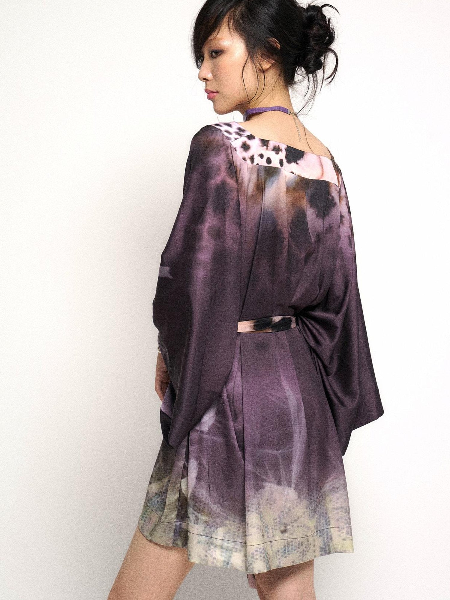 Flowers birds Market Deep Purple Leopard Gradient Satin V Neck Long Sleeve T Shirt Loungewear Set