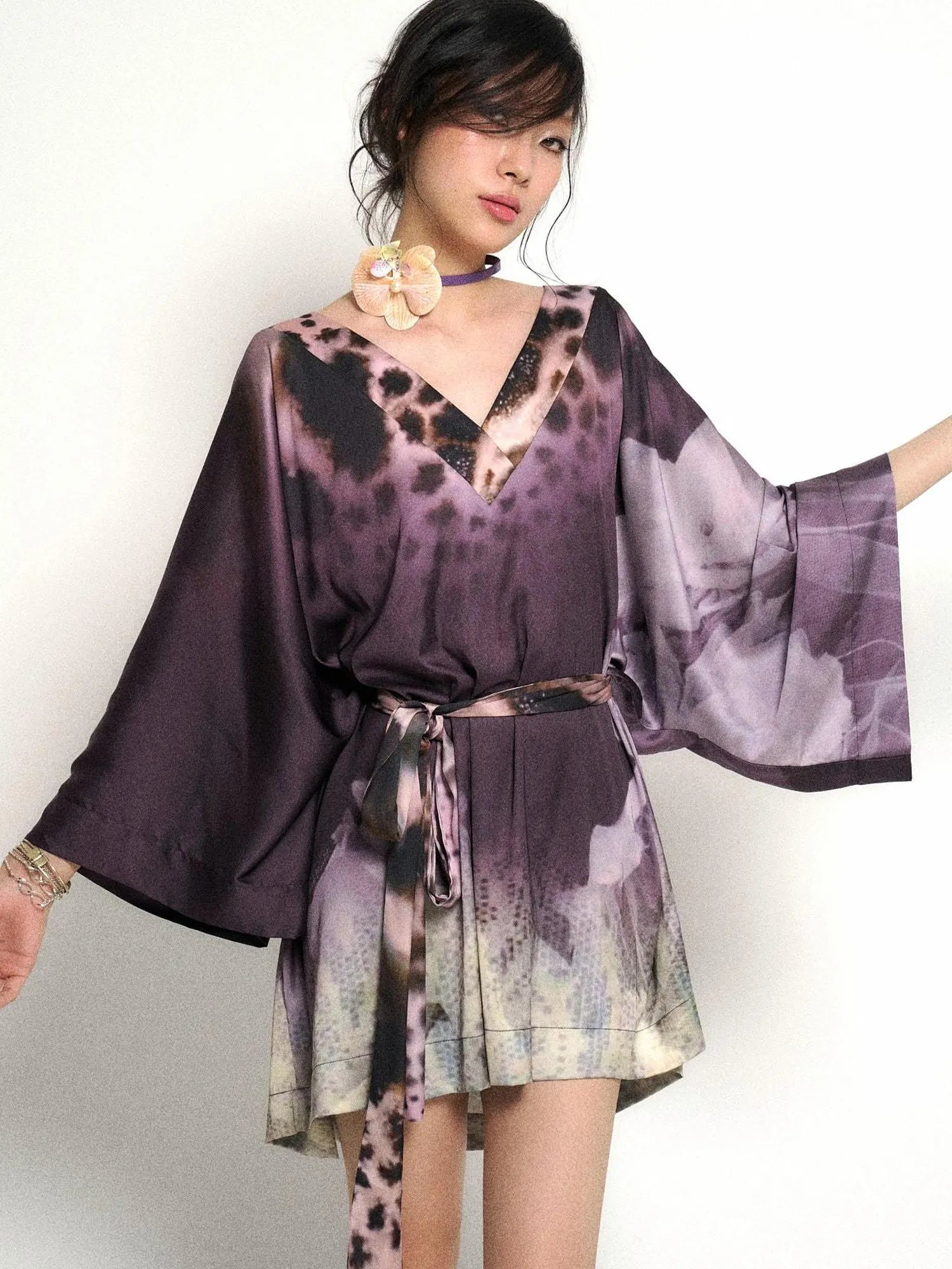 Deep Purple Leopard Gradient Satin V Neck Long Sleeve T Shirt Loungewear Set