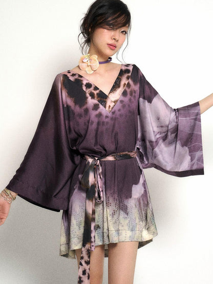 Flowers birds Market Deep Purple Leopard Gradient Satin V Neck Long Sleeve T Shirt Loungewear Set