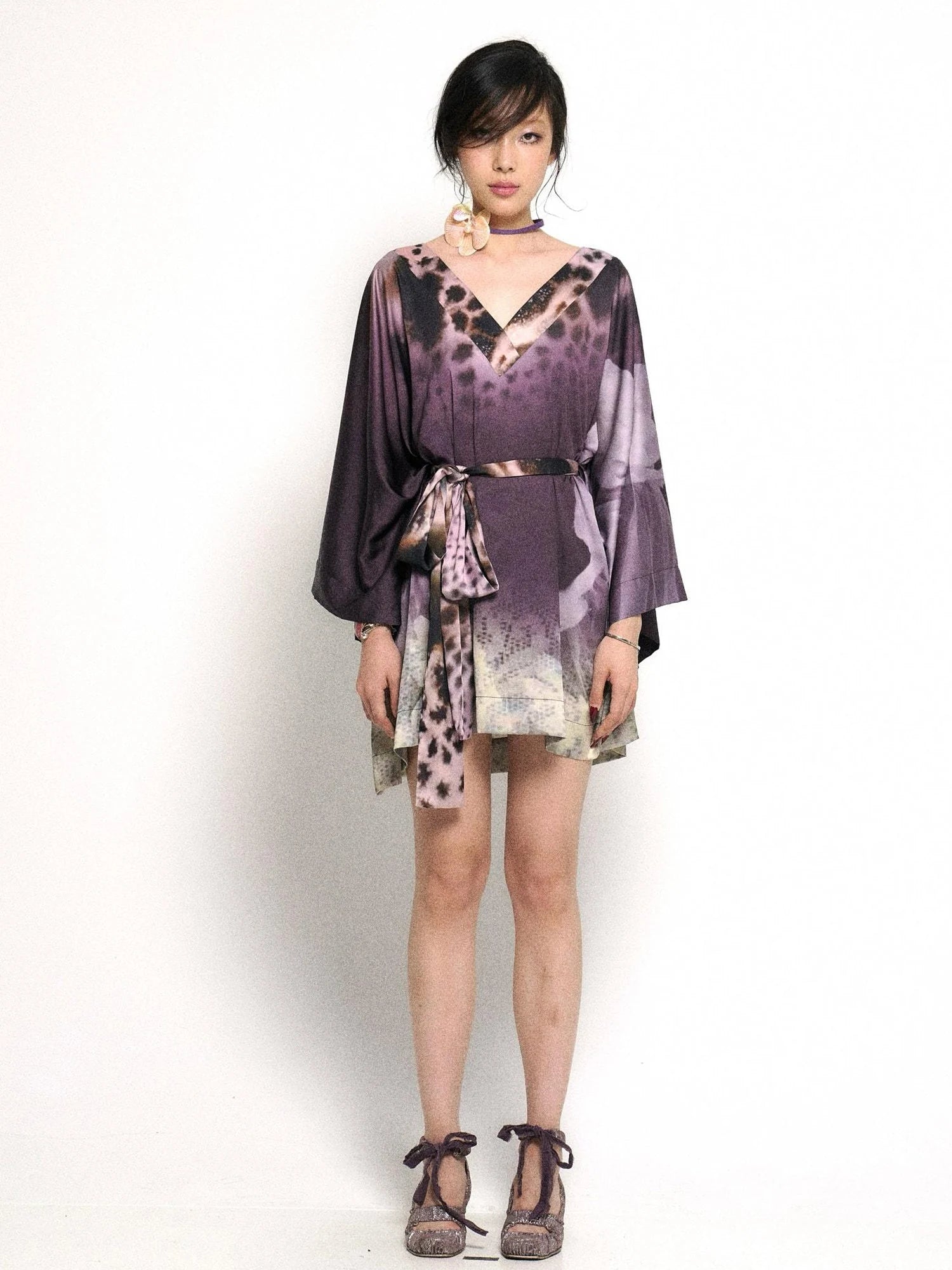 Deep Purple Leopard Gradient Satin V Neck Long Sleeve T Shirt Loungewear Set