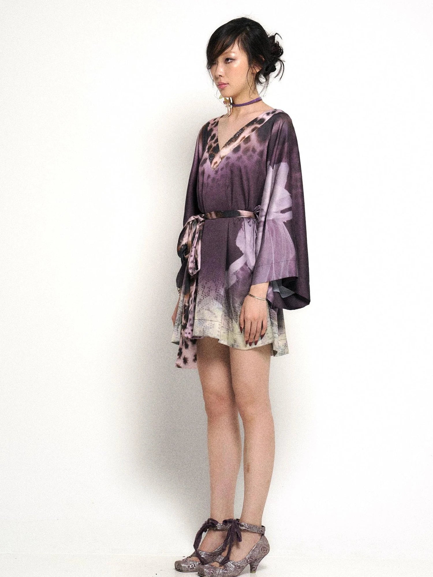 Deep Purple Leopard Gradient Satin V Neck Long Sleeve T Shirt Loungewear Set