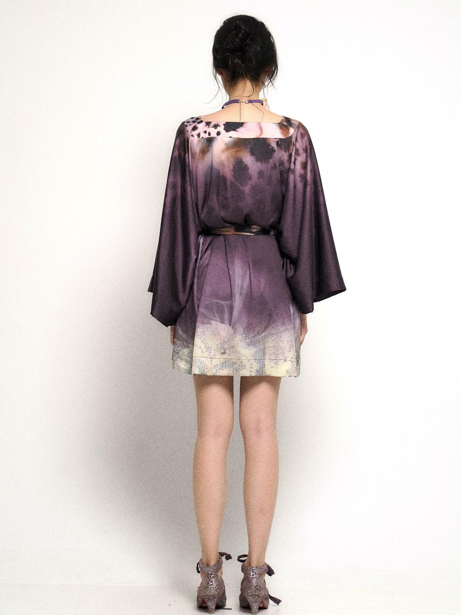 Flowers birds Market Deep Purple Leopard Gradient Satin V Neck Long Sleeve T Shirt Loungewear Set