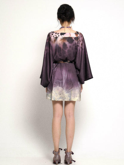 Flowers birds Market Deep Purple Leopard Gradient Satin V Neck Long Sleeve T Shirt Loungewear Set