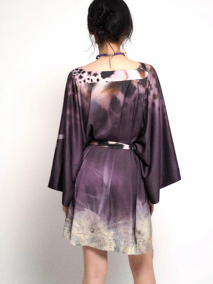 Flowers birds Market Deep Purple Leopard Gradient Satin V Neck Long Sleeve T Shirt Loungewear Set