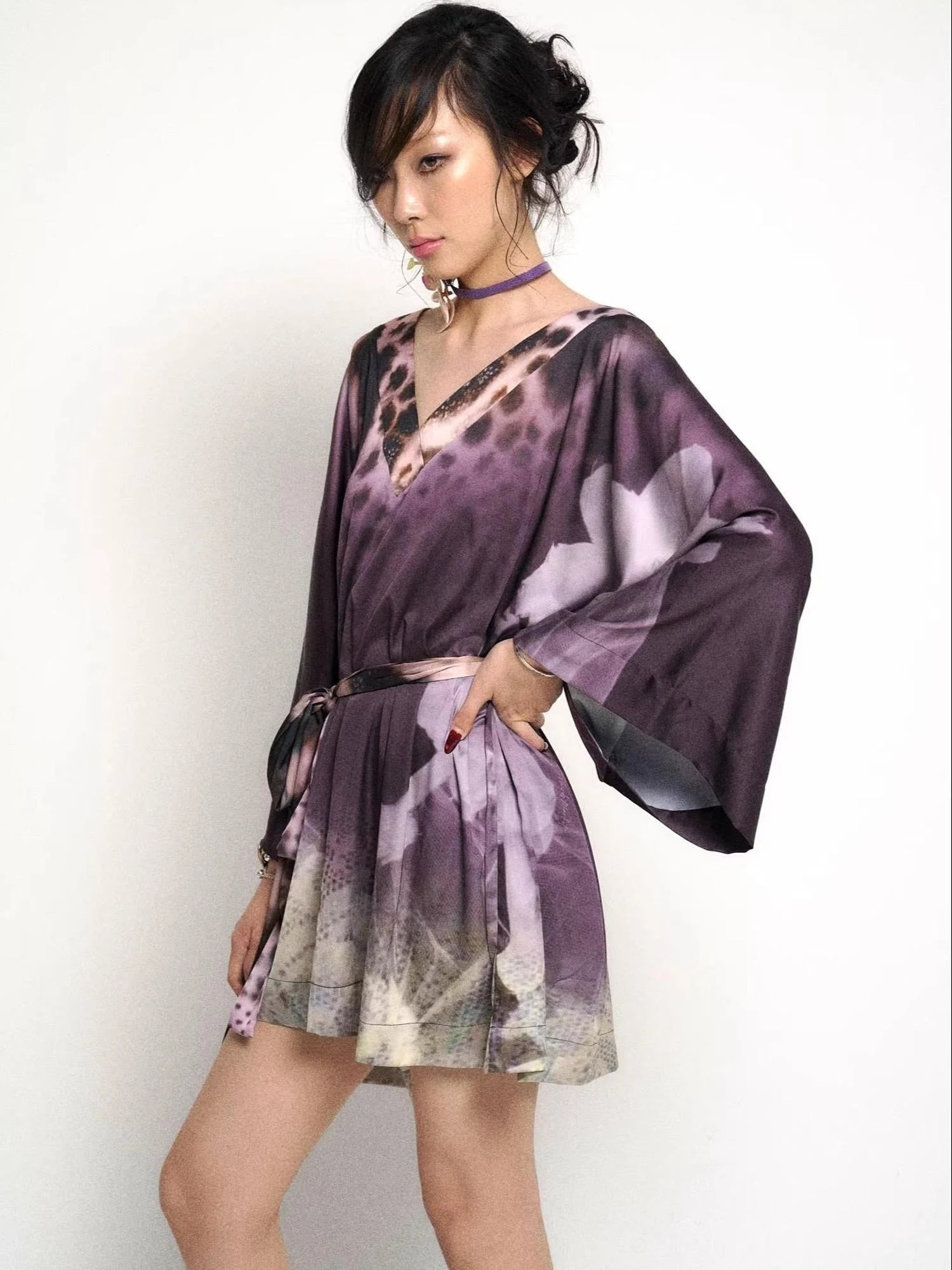 Deep Purple Leopard Gradient Satin V Neck Long Sleeve T Shirt Loungewear Set