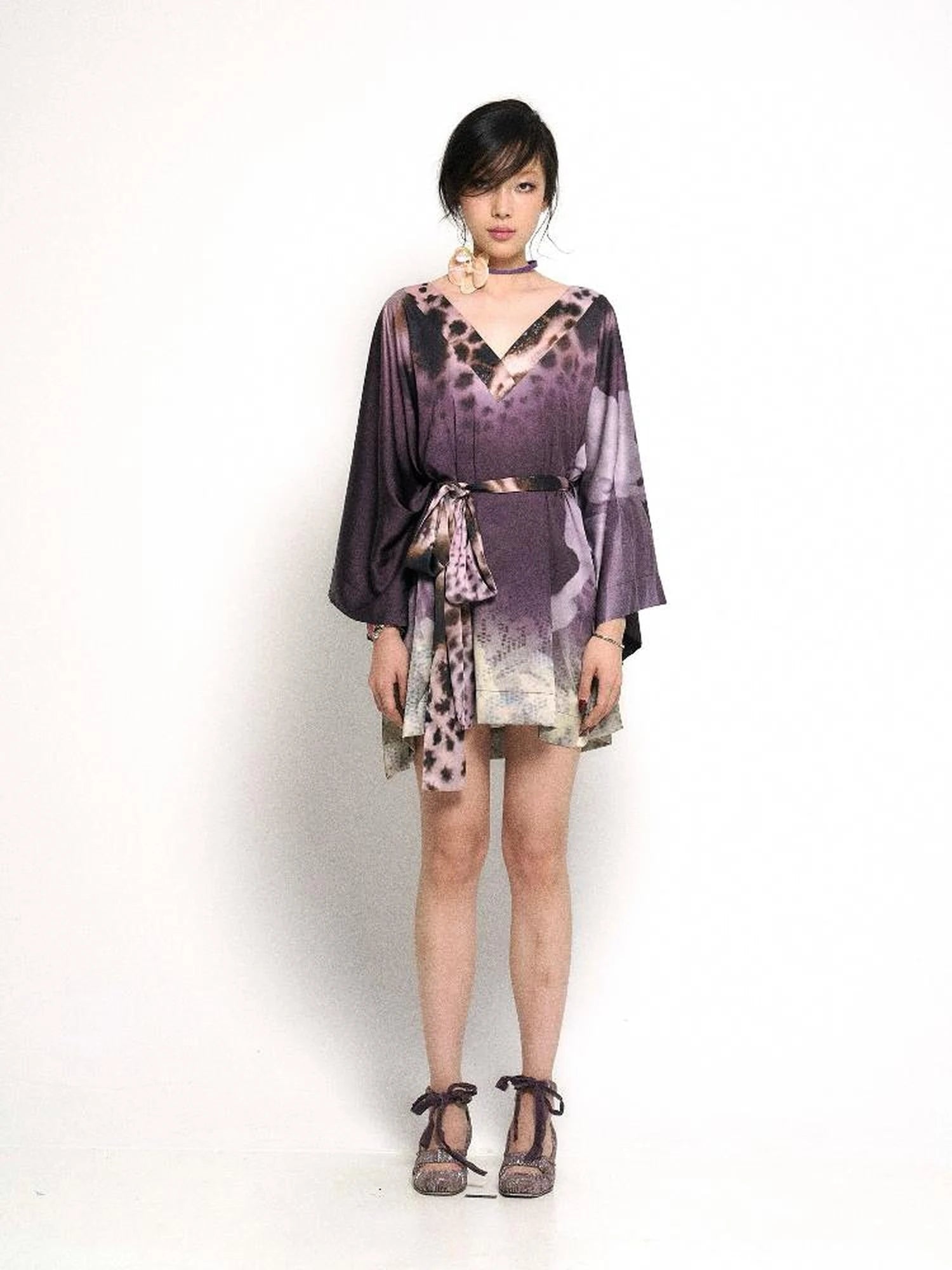 Deep Purple Leopard Gradient Satin V Neck Long Sleeve T Shirt Loungewear Set