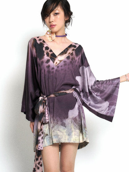 Flowers birds Market Deep Purple Leopard Gradient Satin V Neck Long Sleeve T Shirt Loungewear Set