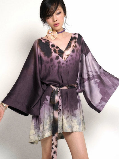 Deep Purple Leopard Gradient Satin V Neck Long Sleeve T Shirt Loungewear Set