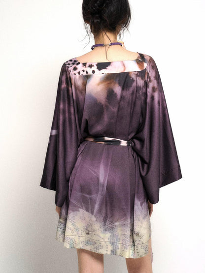 Flowers birds Market Deep Purple Leopard Gradient Satin V Neck Long Sleeve T Shirt Loungewear Set