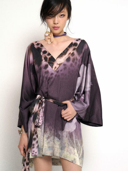 Flowers birds Market Deep Purple Leopard Gradient Satin V Neck Long Sleeve T Shirt Loungewear Set