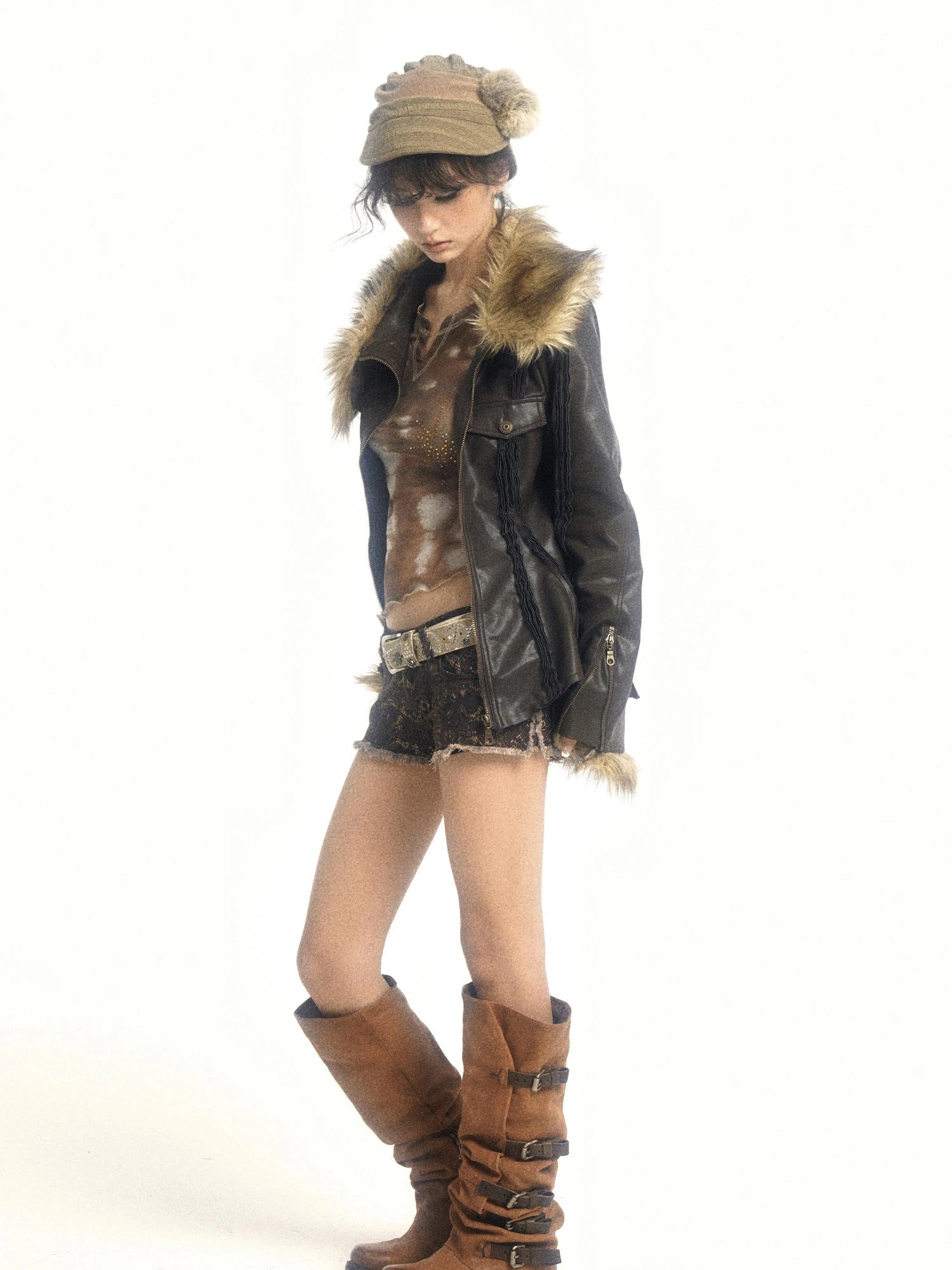 Detachable Asymmetric Shearling Collar Fitted Leather Jacket