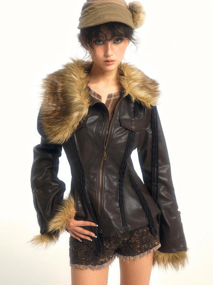Detachable Asymmetric Shearling Collar Fitted Leather Jacket
