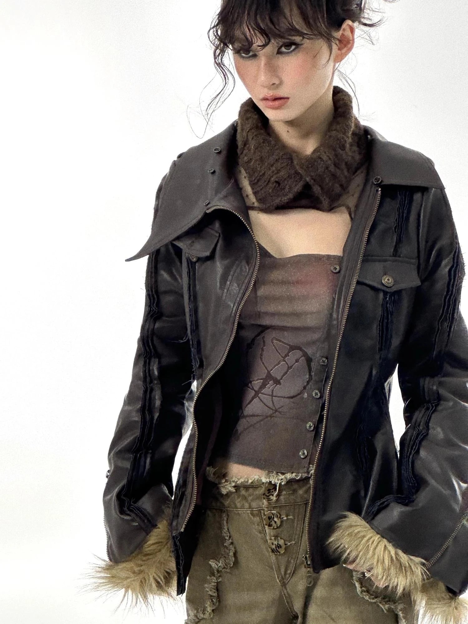 Detachable Asymmetric Shearling Collar Fitted Leather Jacket