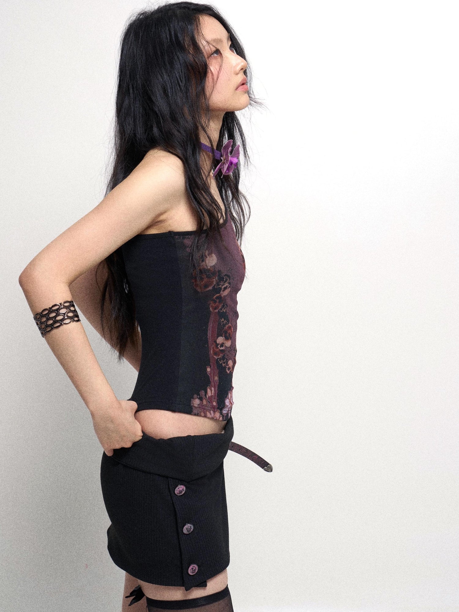 Flowers birds Market Detachable Cowl Neck Print Knit Slip Top