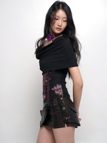 Flowers birds Market Detachable Cowl Neck Print Knit Slip Top