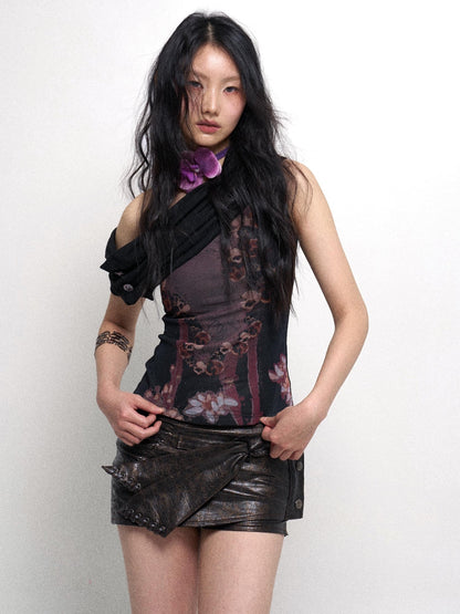 Flowers birds Market Detachable Cowl Neck Print Knit Slip Top