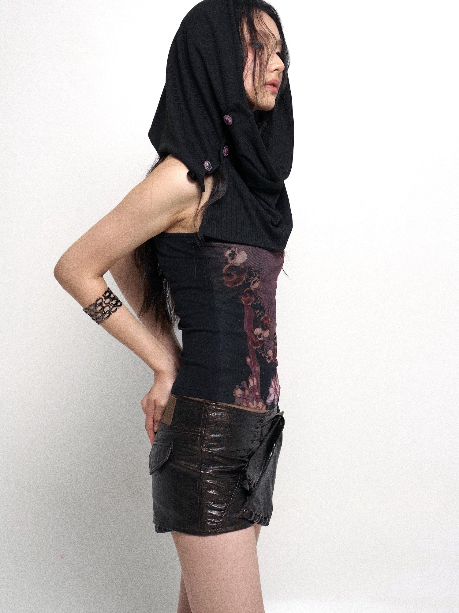 Flowers birds Market Detachable Cowl Neck Print Knit Slip Top