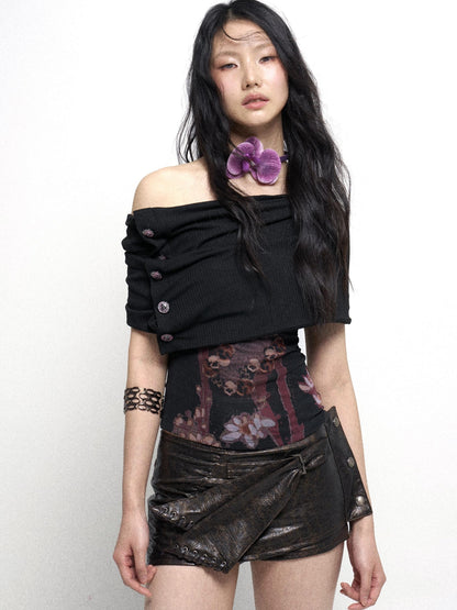 Flowers birds Market Detachable Cowl Neck Print Knit Slip Top