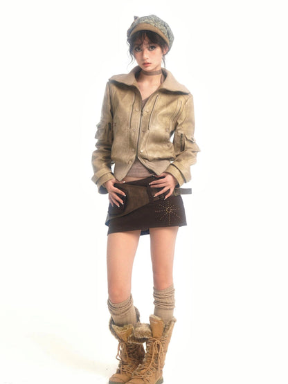 Detachable Eco Fur Windproof Leather Jacket V Neck T Shirt Long Sleeve