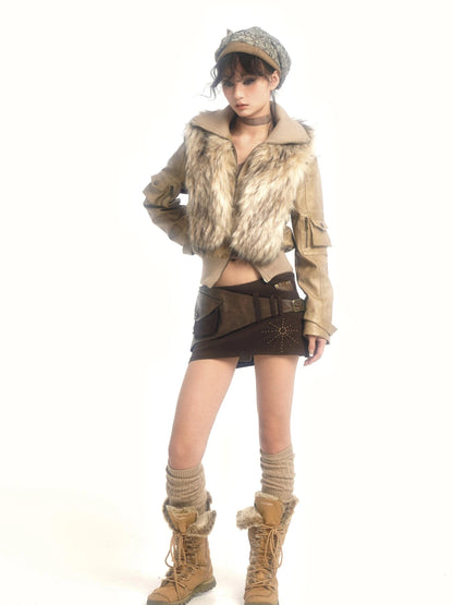 Detachable Eco Fur Windproof Leather Jacket V Neck T Shirt Long Sleeve