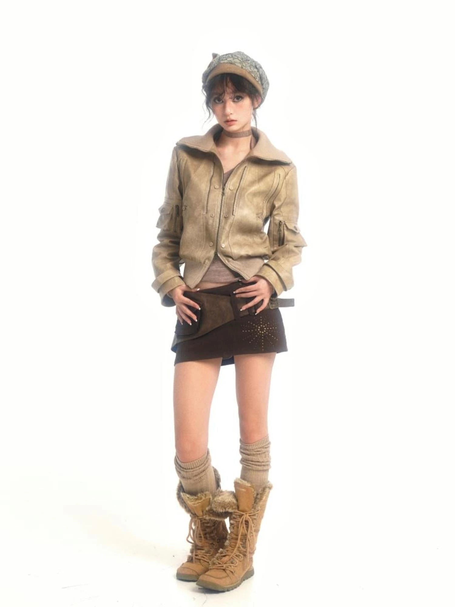 Detachable Eco Fur Windproof Leather Jacket V Neck T Shirt Long Sleeve