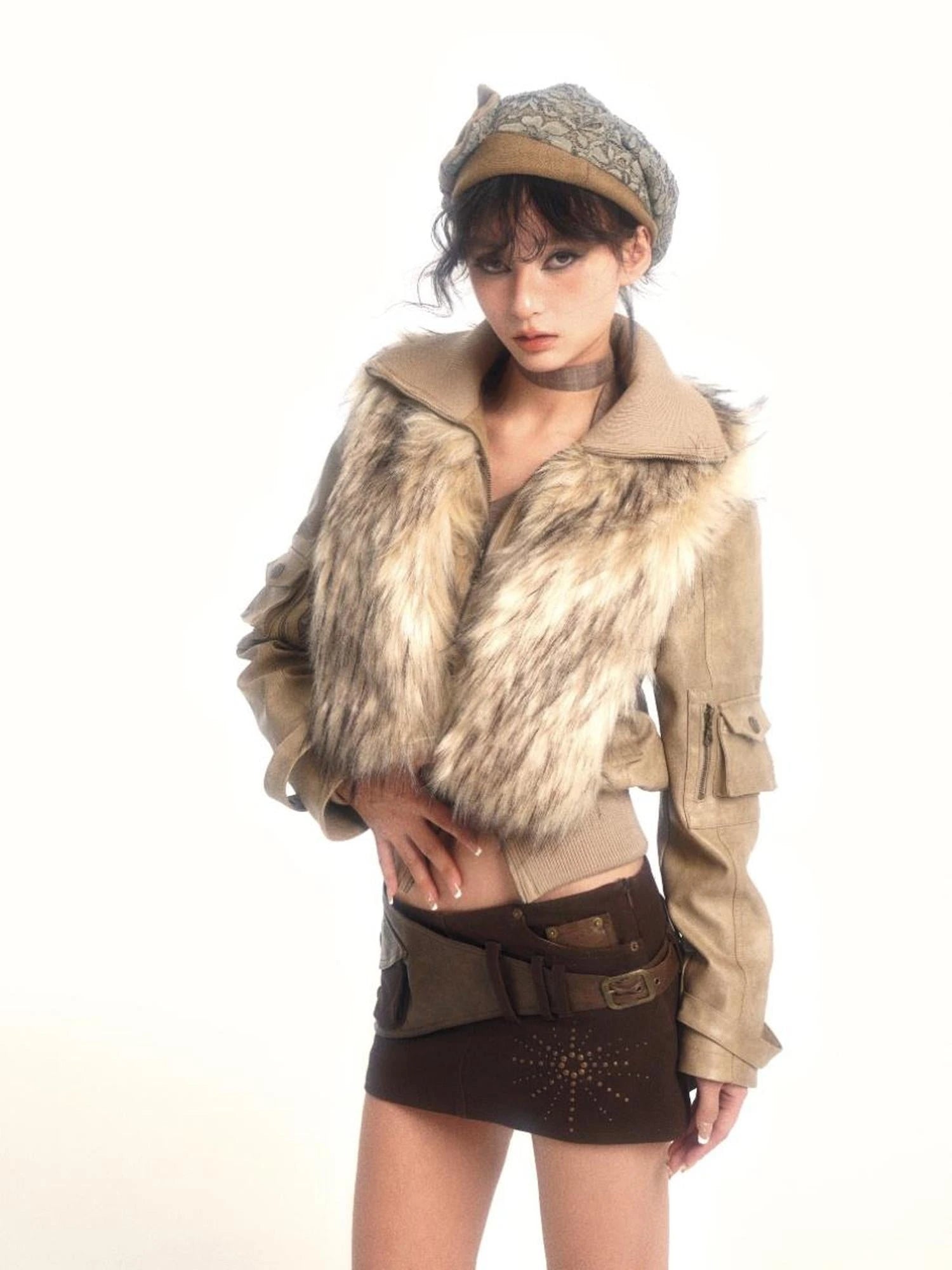 Detachable Eco Fur Windproof Leather Jacket V Neck T Shirt Long Sleeve