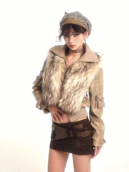 Detachable Eco Fur Windproof Leather Jacket V Neck T Shirt Long Sleeve