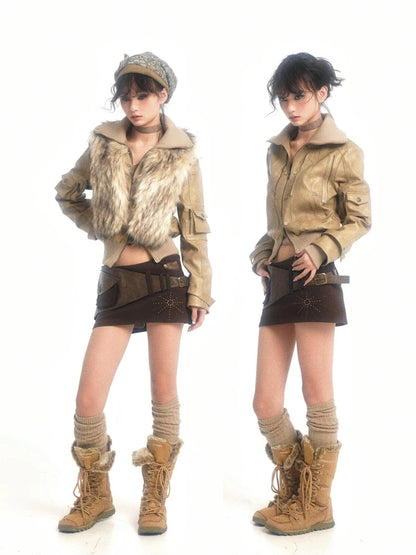 Detachable Eco Fur Windproof Leather Jacket V Neck T Shirt Long Sleeve